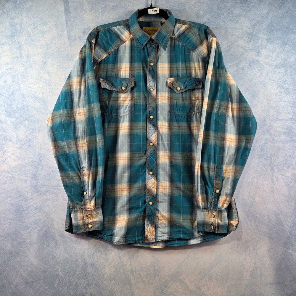 Cowboy Legend Mens XL Blue Orange Plaid Western Pearl Snap Long Sleeve Shirt
